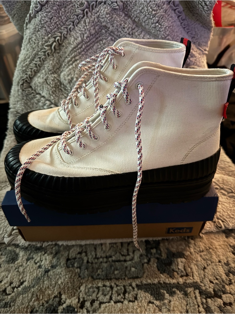 Keds White Canvas Lace-Up High Top Boots with Black Sole